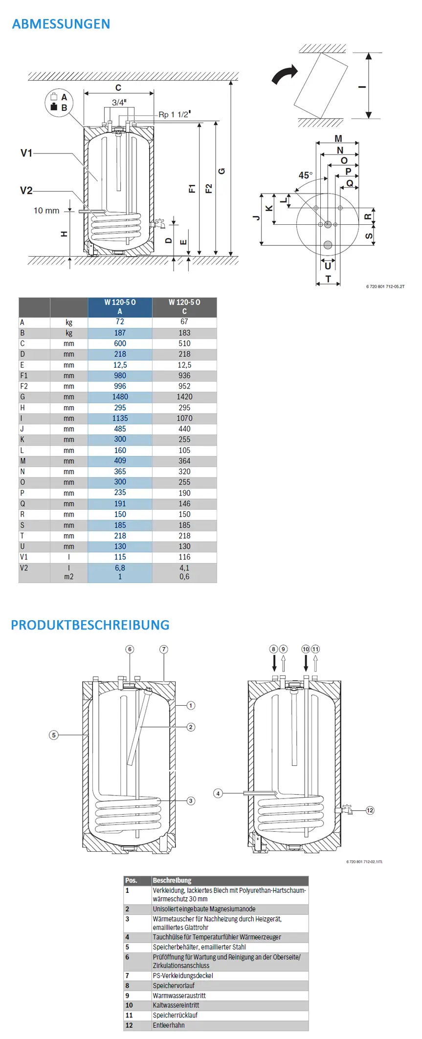Horizontaler Warmwasserspeicher von Bosch mit emailliertem Stahlbehälter, zeichnerische Darstellung, Maße und technische Details des Geräts.